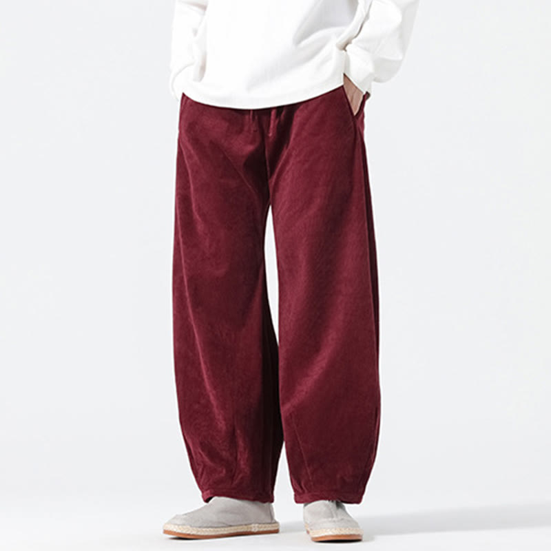 Buddha Stones Spring Pure Color Drawstring Design Corduroy Cotton Men's Harem Pants With Pockets
