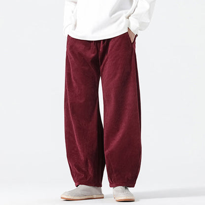 Buddha Stones Spring Pure Color Drawstring Design Corduroy Cotton Men's Harem Pants With Pockets