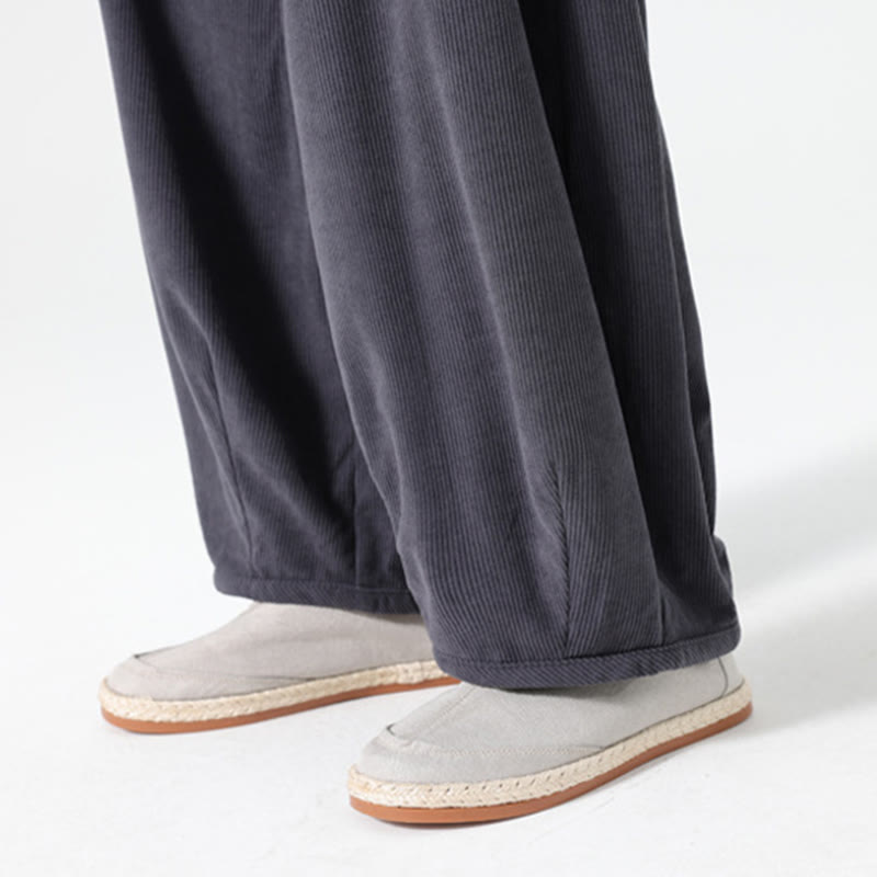 Buddha Stones Spring Pure Color Drawstring Design Corduroy Cotton Men's Harem Pants With Pockets