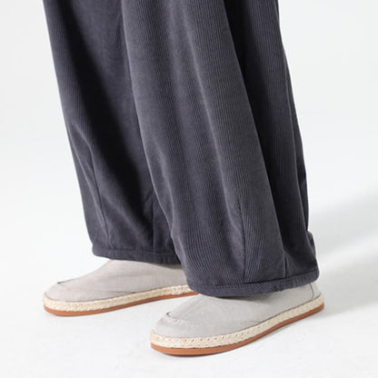 Buddha Stones Spring Pure Color Drawstring Design Corduroy Cotton Men's Harem Pants With Pockets