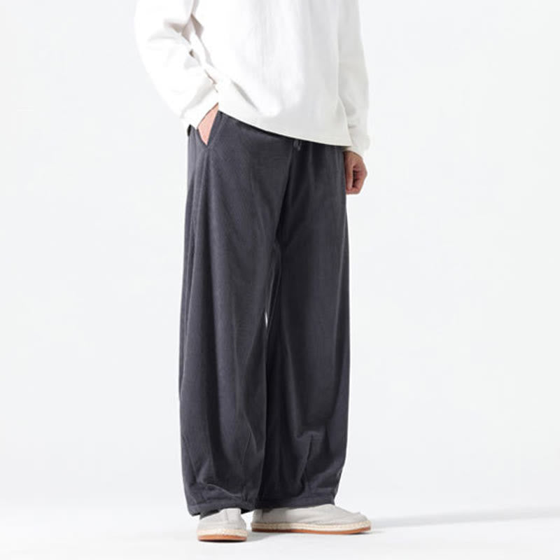 Buddha Stones Spring Pure Color Drawstring Design Corduroy Cotton Men's Harem Pants With Pockets