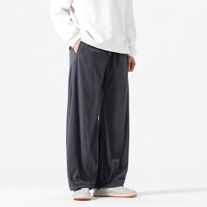 Buddha Stones Spring Pure Color Drawstring Design Corduroy Cotton Men's Harem Pants With Pockets
