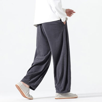 Buddha Stones Spring Pure Color Drawstring Design Corduroy Cotton Men's Harem Pants With Pockets
