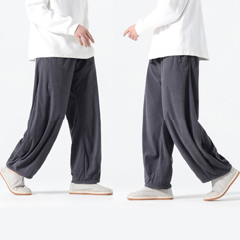 Buddha Stones Spring Pure Color Drawstring Design Corduroy Cotton Men's Harem Pants With Pockets