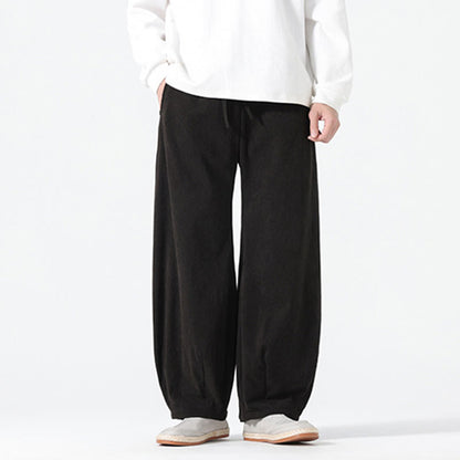 Buddha Stones Spring Pure Color Drawstring Design Corduroy Cotton Men's Harem Pants With Pockets