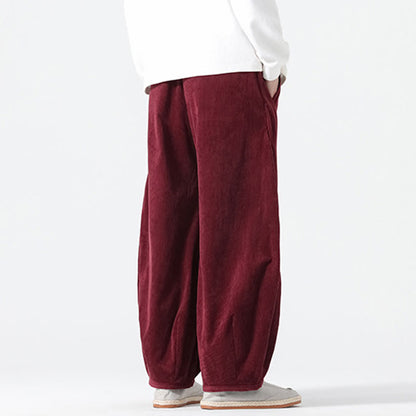 Buddha Stones Spring Pure Color Drawstring Design Corduroy Cotton Men's Harem Pants With Pockets