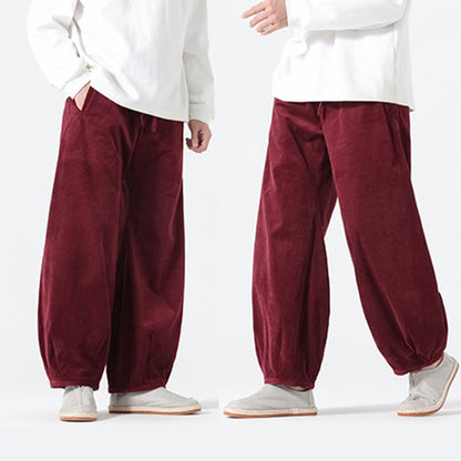 Buddha Stones Spring Pure Color Drawstring Design Corduroy Cotton Men's Harem Pants With Pockets