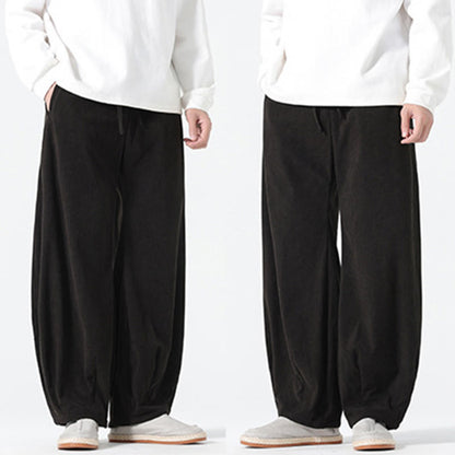 Buddha Stones Spring Pure Color Drawstring Design Corduroy Cotton Men's Harem Pants With Pockets