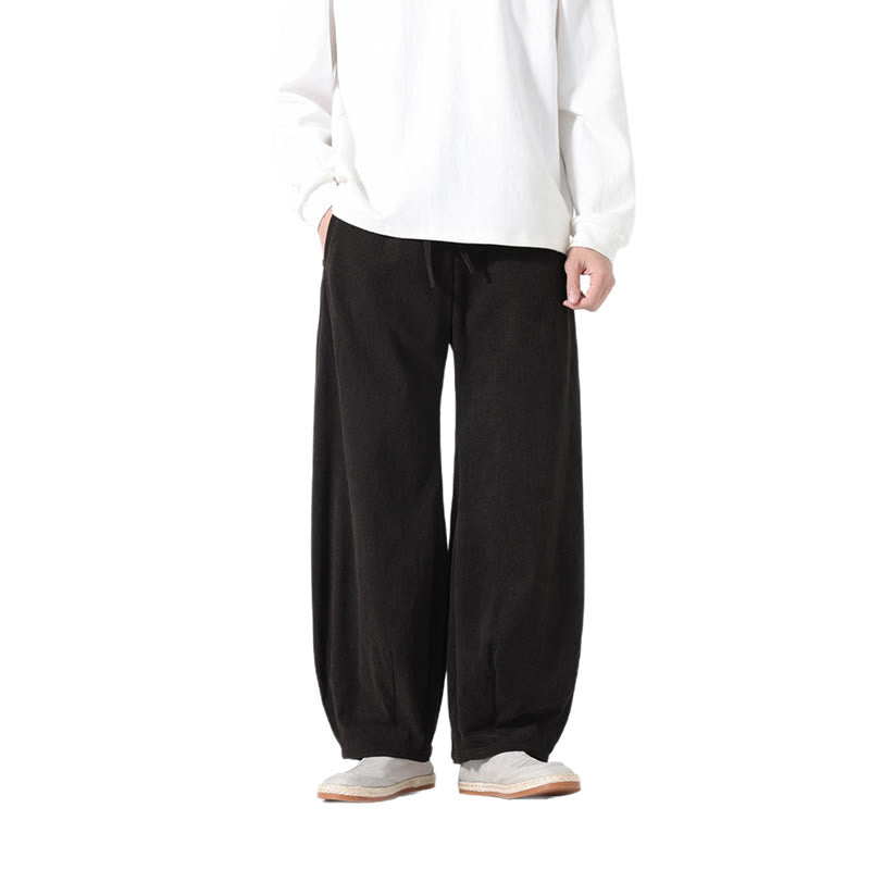 Buddha Stones Spring Pure Color Drawstring Design Corduroy Cotton Men's Harem Pants With Pockets
