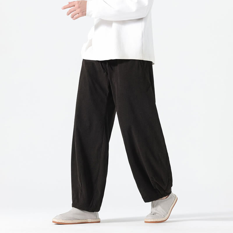 Buddha Stones Spring Pure Color Drawstring Design Corduroy Cotton Men's Harem Pants With Pockets