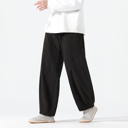 Buddha Stones Spring Pure Color Drawstring Design Corduroy Cotton Men's Harem Pants With Pockets
