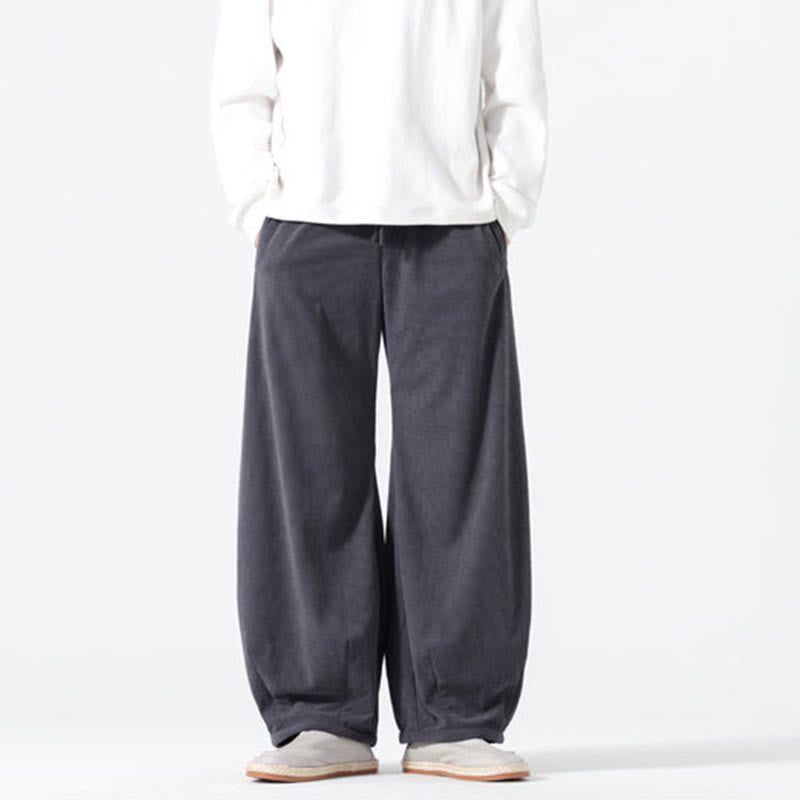 Buddha Stones Spring Pure Color Drawstring Design Corduroy Cotton Men's Harem Pants With Pockets