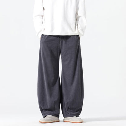 Buddha Stones Spring Pure Color Drawstring Design Corduroy Cotton Men's Harem Pants With Pockets