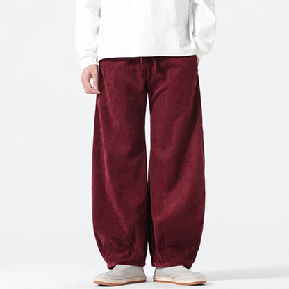Buddha Stones Spring Pure Color Drawstring Design Corduroy Cotton Men's Harem Pants With Pockets