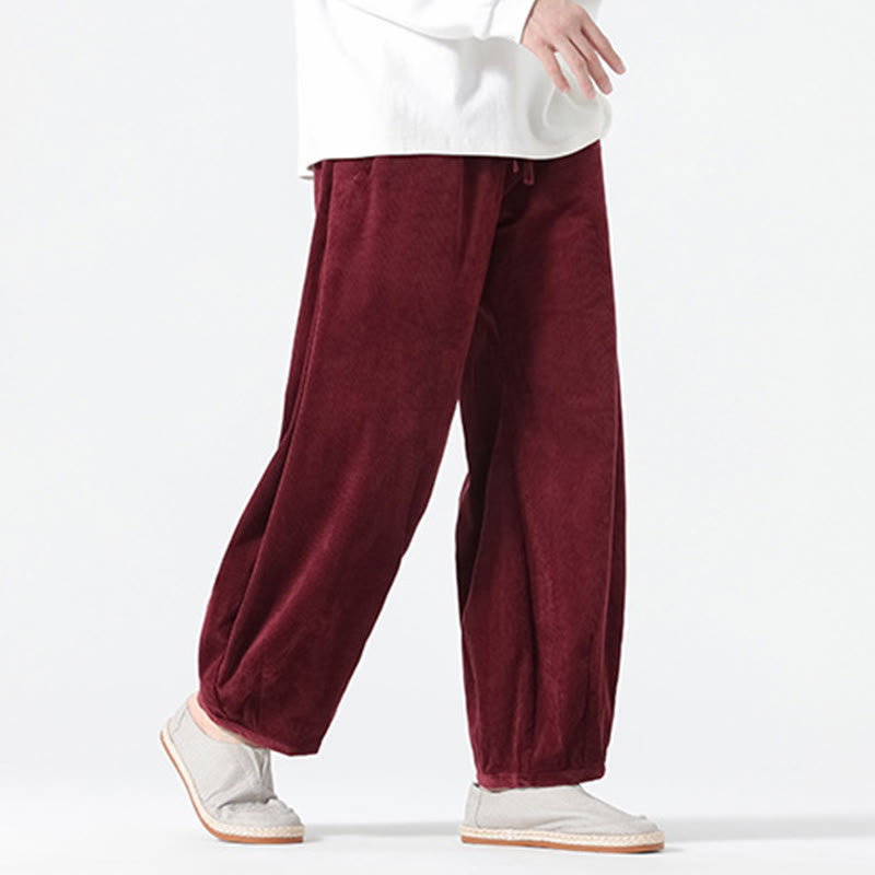 Buddha Stones Spring Pure Color Drawstring Design Corduroy Cotton Men's Harem Pants With Pockets
