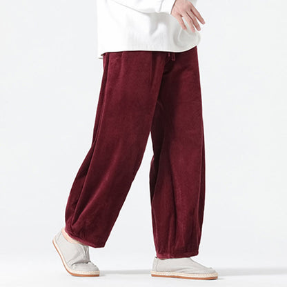 Buddha Stones Spring Pure Color Drawstring Design Corduroy Cotton Men's Harem Pants With Pockets