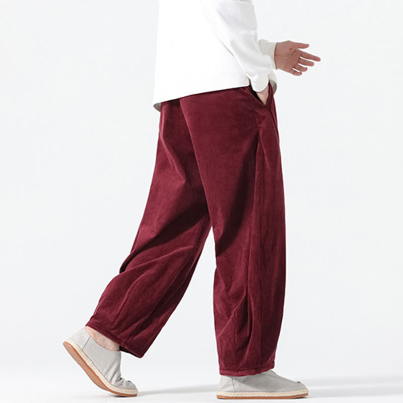 Buddha Stones Spring Pure Color Drawstring Design Corduroy Cotton Men's Harem Pants With Pockets