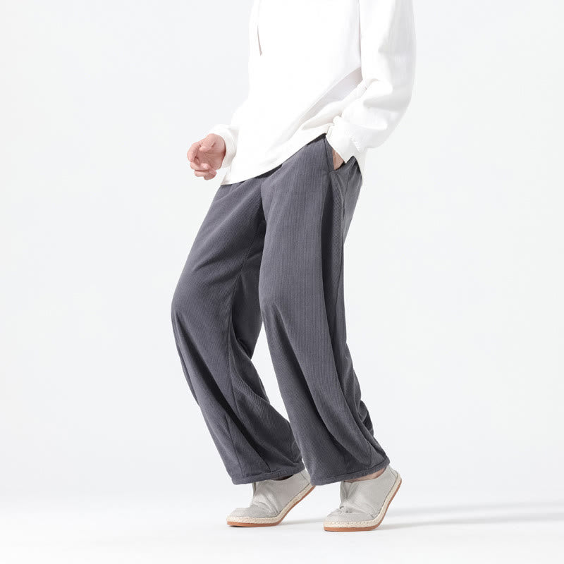 Buddha Stones Spring Pure Color Drawstring Design Corduroy Cotton Men's Harem Pants With Pockets