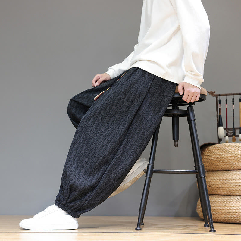 Buddha Stones Fall Jacquard Plaid Pattern Cotton Corduroy Men's Harem Pants With Pockets