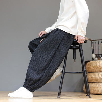 Buddha Stones Fall Jacquard Plaid Pattern Cotton Corduroy Men's Harem Pants With Pockets