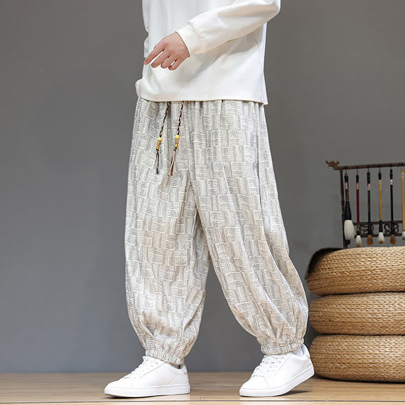 Buddha Stones Fall Jacquard Plaid Pattern Cotton Corduroy Men's Harem Pants With Pockets