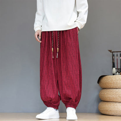 Buddha Stones Fall Jacquard Plaid Pattern Cotton Corduroy Men's Harem Pants With Pockets