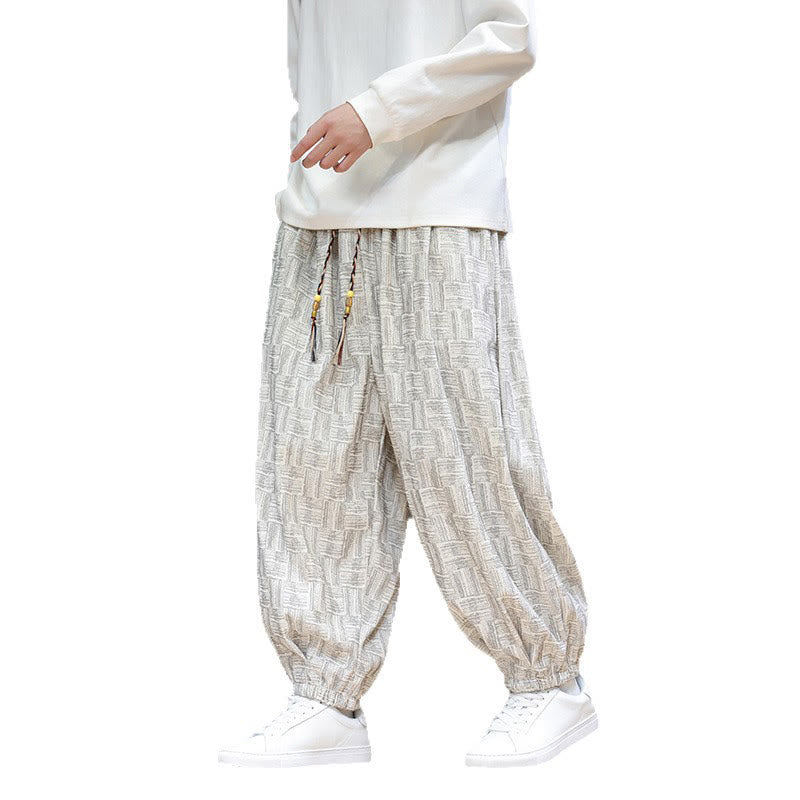 Buddha Stones Fall Jacquard Plaid Pattern Cotton Corduroy Men's Harem Pants With Pockets