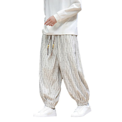 Buddha Stones Fall Jacquard Plaid Pattern Cotton Corduroy Men's Harem Pants With Pockets
