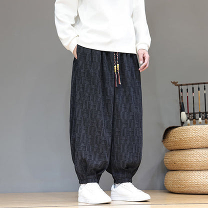 Buddha Stones Fall Jacquard Plaid Pattern Cotton Corduroy Men's Harem Pants With Pockets