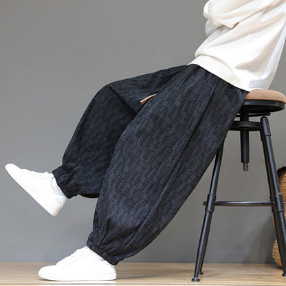 Buddha Stones Fall Jacquard Plaid Pattern Cotton Corduroy Men's Harem Pants With Pockets