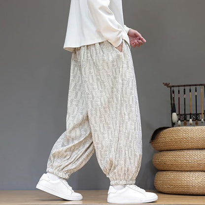 Buddha Stones Fall Jacquard Plaid Pattern Cotton Corduroy Men's Harem Pants With Pockets