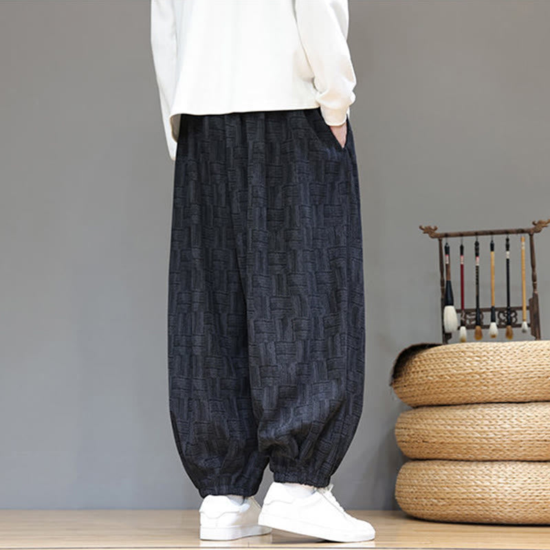 Buddha Stones Fall Jacquard Plaid Pattern Cotton Corduroy Men's Harem Pants With Pockets