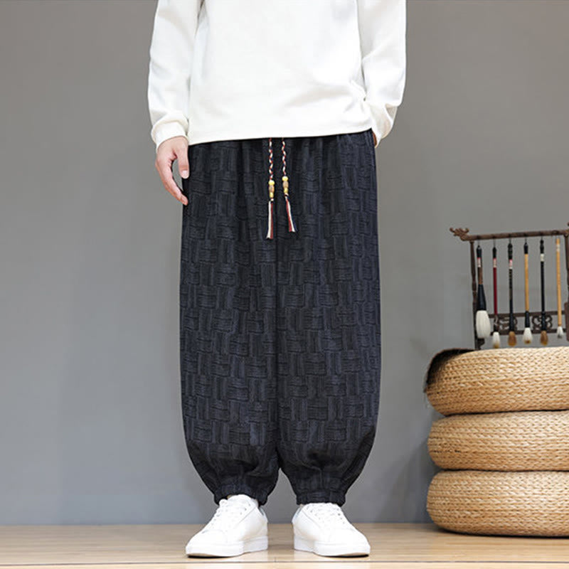 Buddha Stones Fall Jacquard Plaid Pattern Cotton Corduroy Men's Harem Pants With Pockets