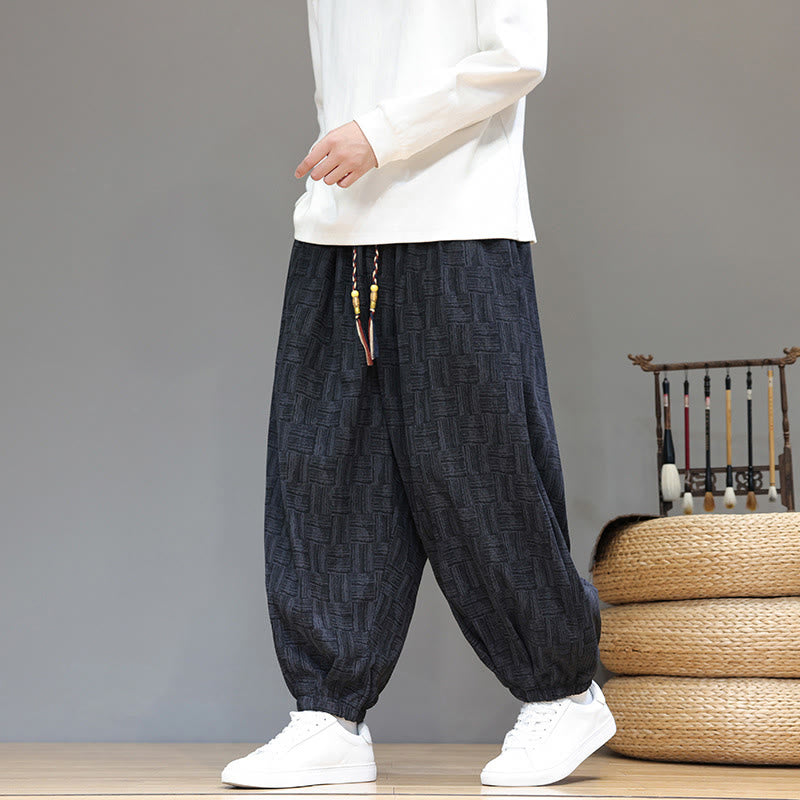 Buddha Stones Fall Jacquard Plaid Pattern Cotton Corduroy Men's Harem Pants With Pockets