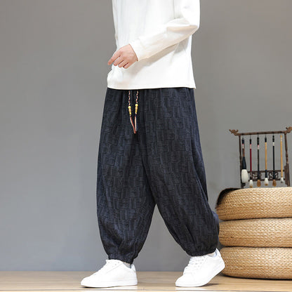 Buddha Stones Fall Jacquard Plaid Pattern Cotton Corduroy Men's Harem Pants With Pockets
