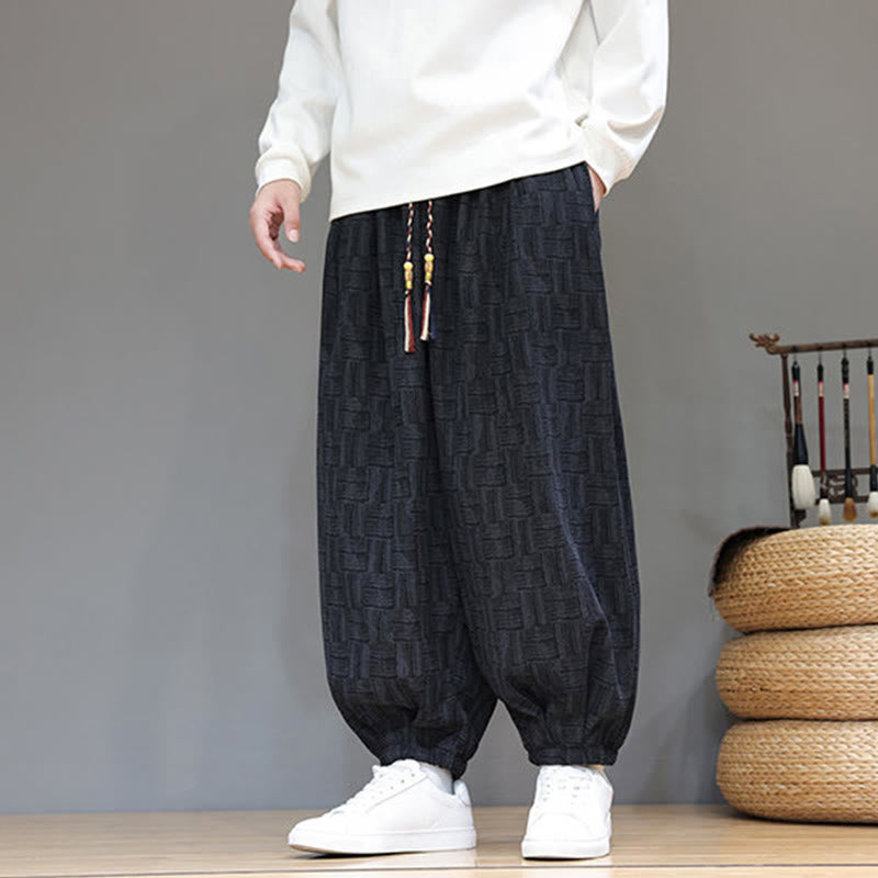 Buddha Stones Fall Jacquard Plaid Pattern Cotton Corduroy Men's Harem Pants With Pockets