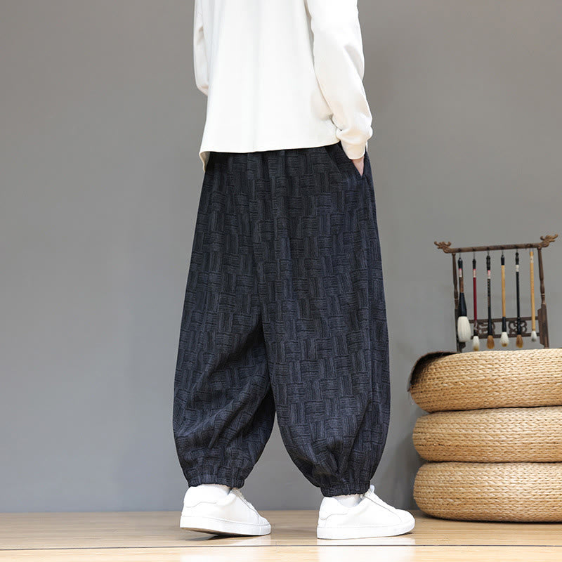 Buddha Stones Fall Jacquard Plaid Pattern Cotton Corduroy Men's Harem Pants With Pockets