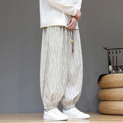 Buddha Stones Fall Jacquard Plaid Pattern Cotton Corduroy Men's Harem Pants With Pockets