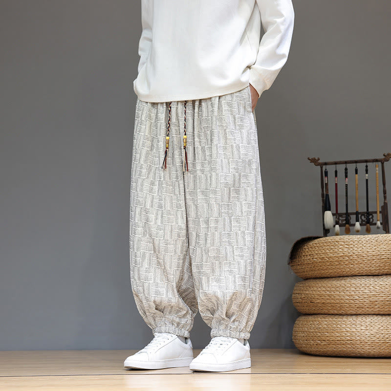 Buddha Stones Fall Jacquard Plaid Pattern Cotton Corduroy Men's Harem Pants With Pockets