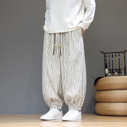 Buddha Stones Fall Jacquard Plaid Pattern Cotton Corduroy Men's Harem Pants With Pockets