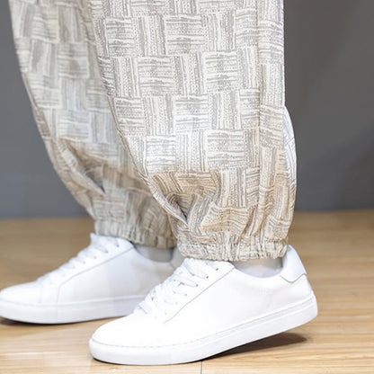 Buddha Stones Fall Jacquard Plaid Pattern Cotton Corduroy Men's Harem Pants With Pockets