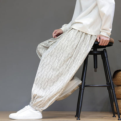 Buddha Stones Fall Jacquard Plaid Pattern Cotton Corduroy Men's Harem Pants With Pockets