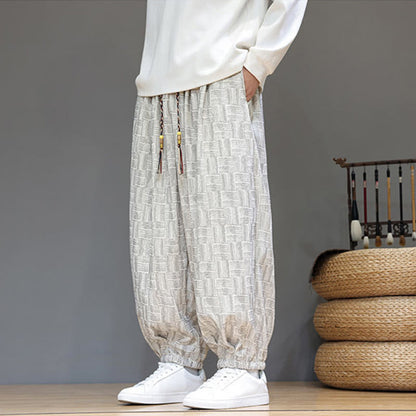 Buddha Stones Fall Jacquard Plaid Pattern Cotton Corduroy Men's Harem Pants With Pockets