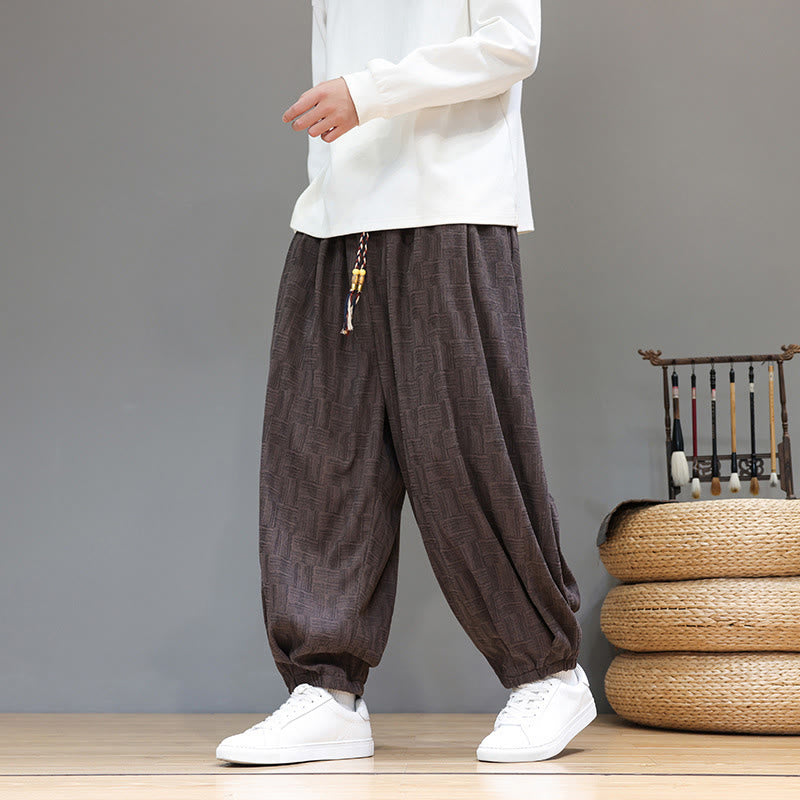Buddha Stones Fall Jacquard Plaid Pattern Cotton Corduroy Men's Harem Pants With Pockets