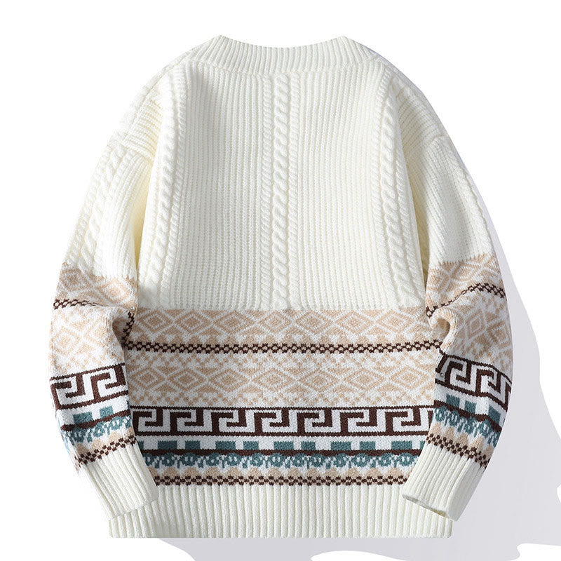 Buddha Stones Jacquard Ethnic Long Sleeve Men's Knitted Sweater With Pockets