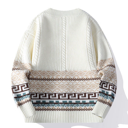 Buddha Stones Jacquard Ethnic Long Sleeve Men's Knitted Sweater With Pockets