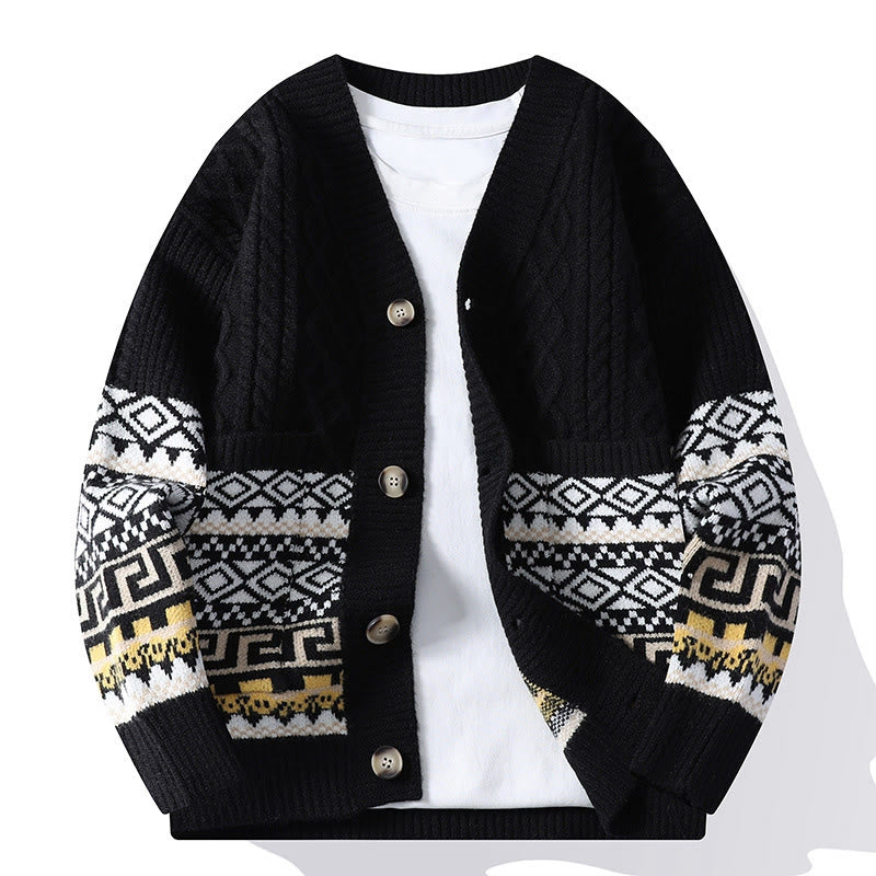 Buddha Stones Jacquard Ethnic Long Sleeve Men's Knitted Sweater With Pockets