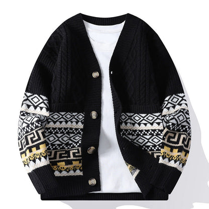 Buddha Stones Jacquard Ethnic Long Sleeve Men's Knitted Sweater With Pockets