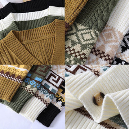 Buddha Stones Jacquard Ethnic Long Sleeve Men's Knitted Sweater With Pockets