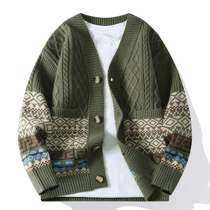 Buddha Stones Jacquard Ethnic Long Sleeve Men's Knitted Sweater With Pockets